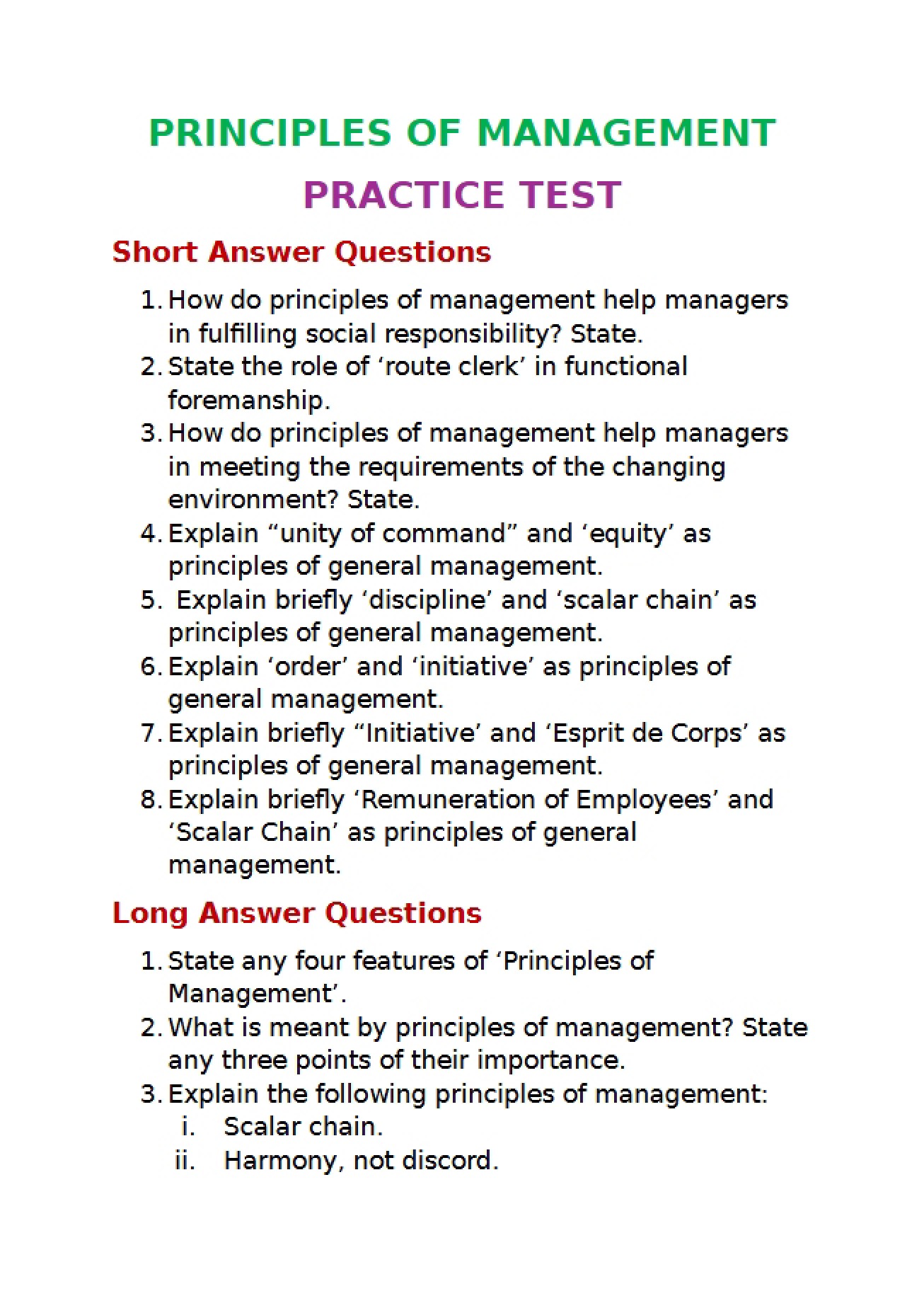 Management Principles Practice Test