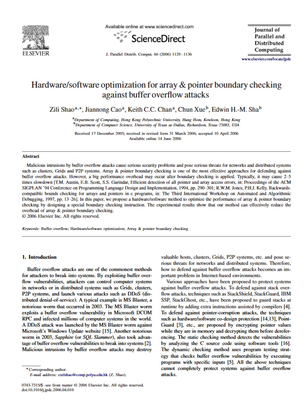 Hardware-Software Optimization for Buffer Overflow Attacks with Boundary Checking