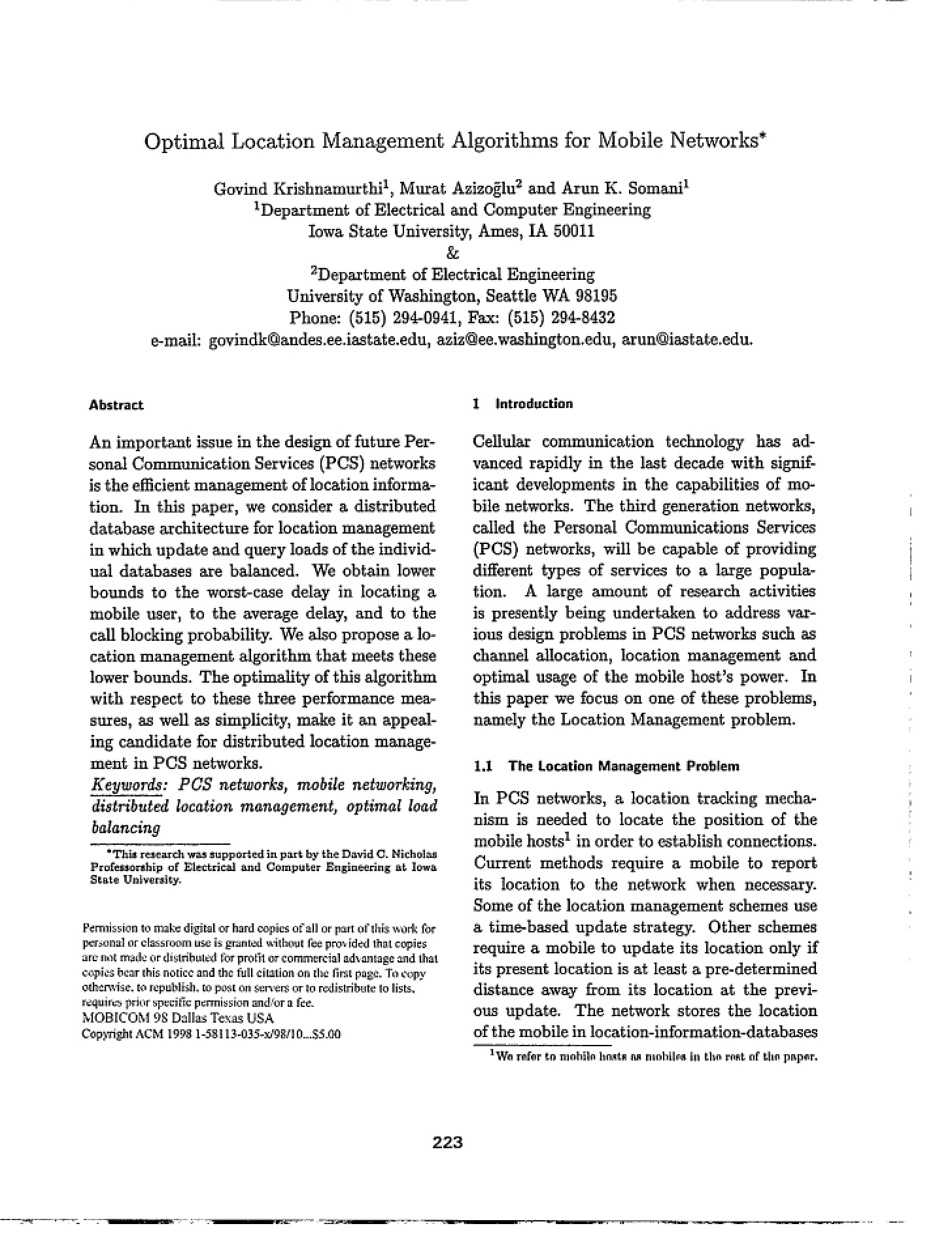 Mobile Networks Optimal Algorithms for Location Management