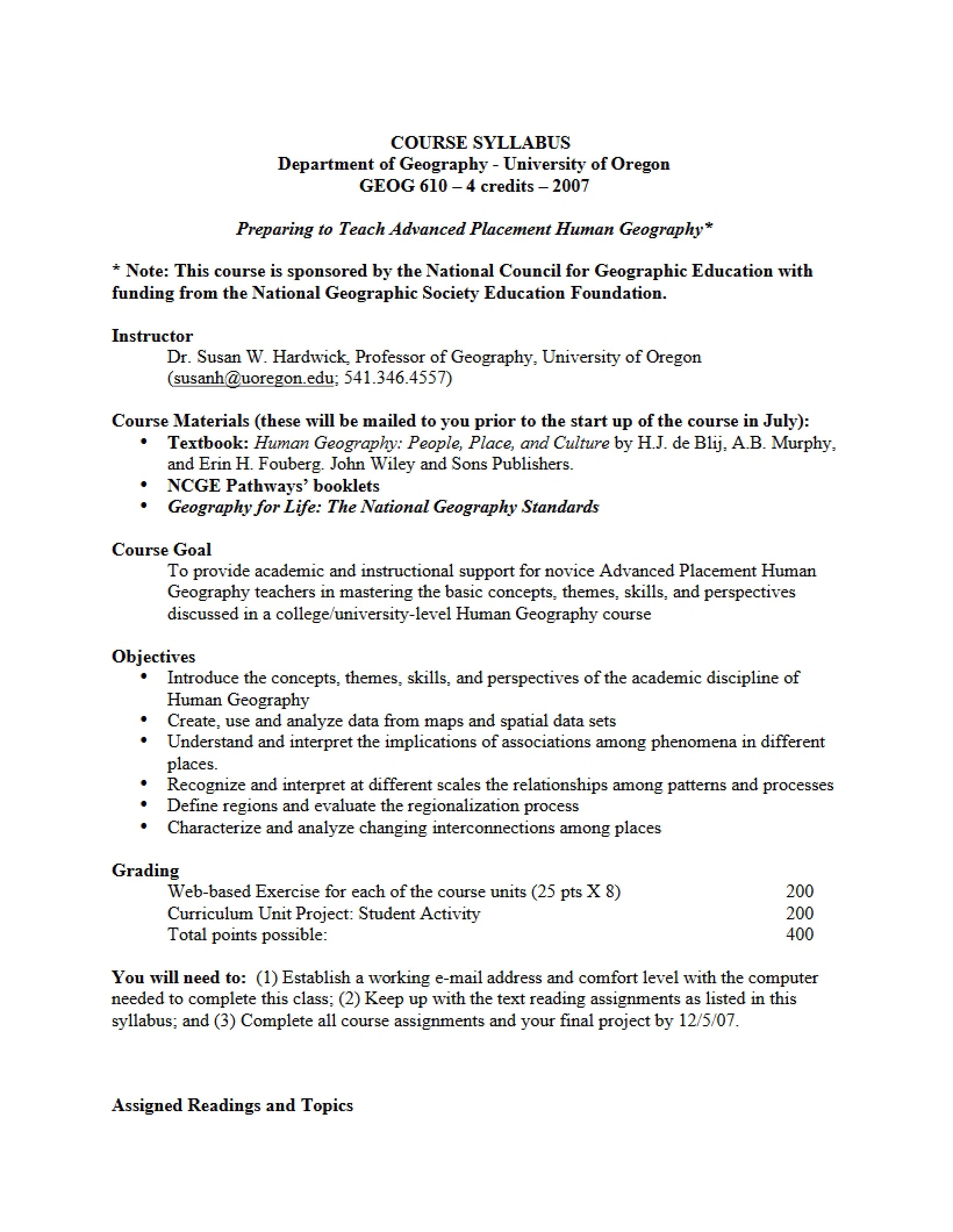 Syllabus for Prep Teach AP Geography