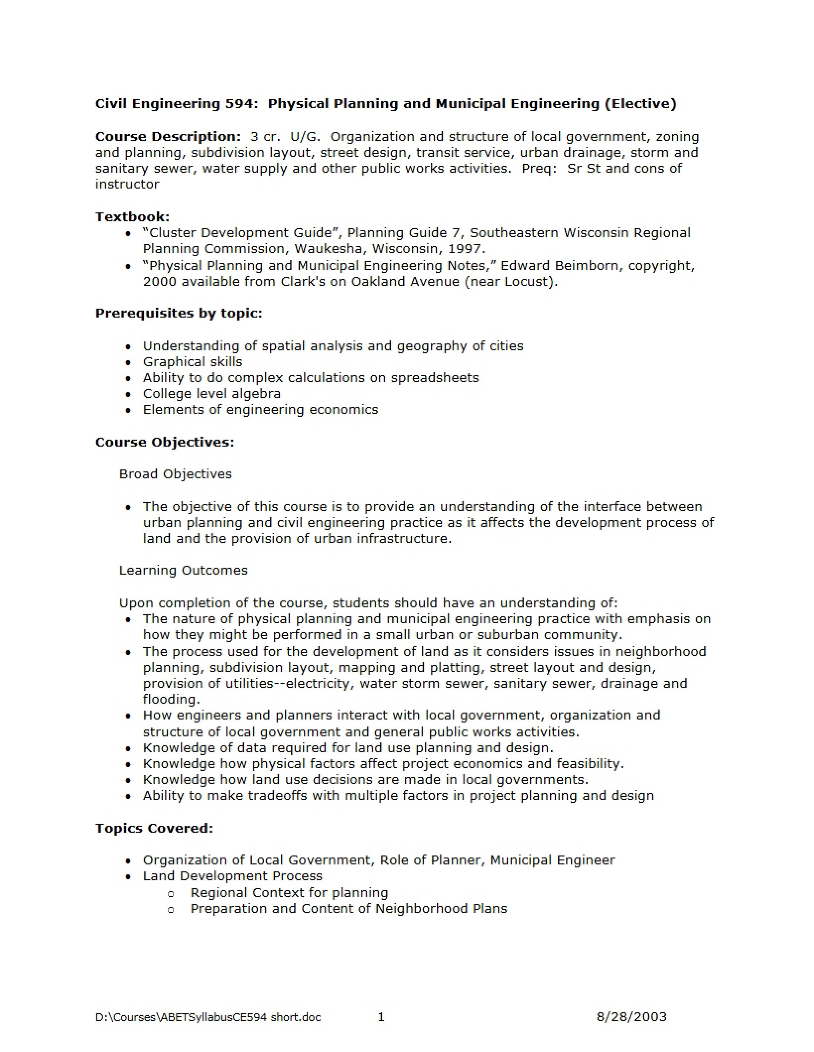 Physical Planning Syllabus