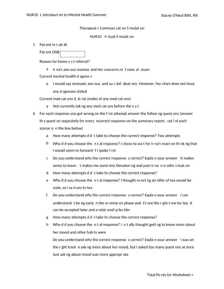 Worksheet for Therapeutic Communication Simulation