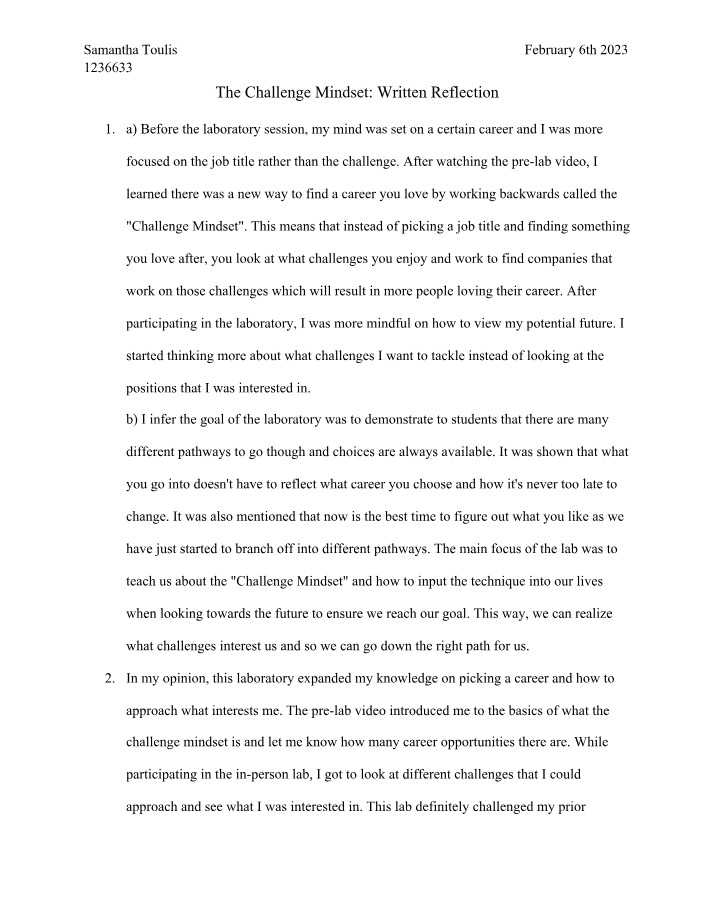 Written Reflection - The Challenge Mindset