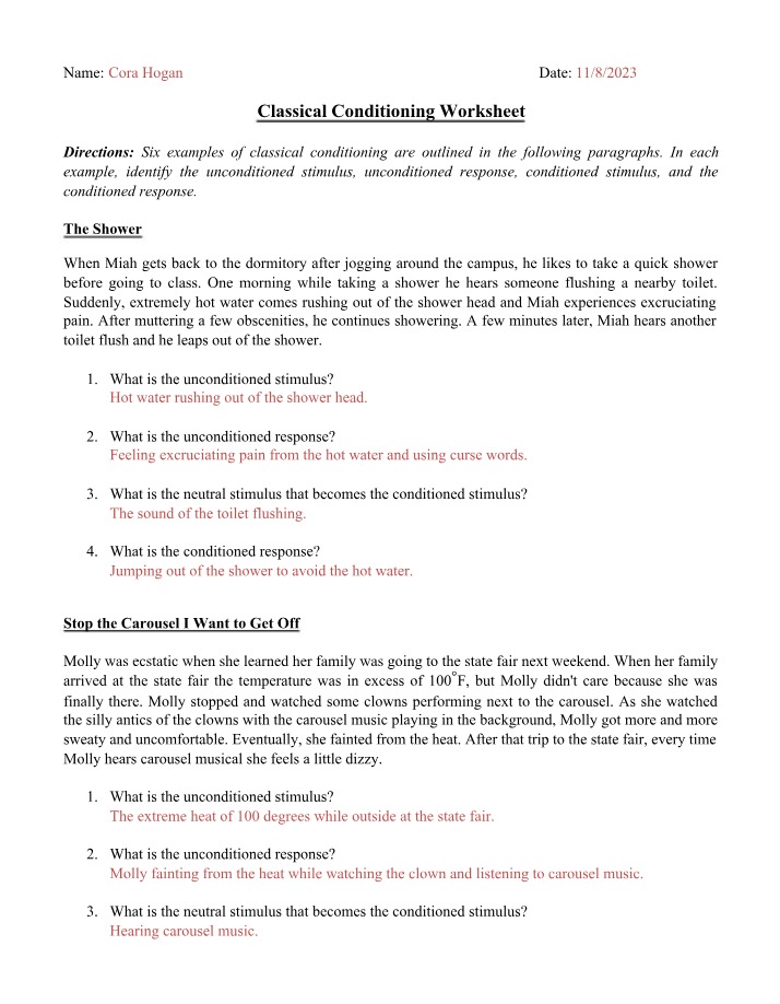 Worksheet on Classical Conditioning