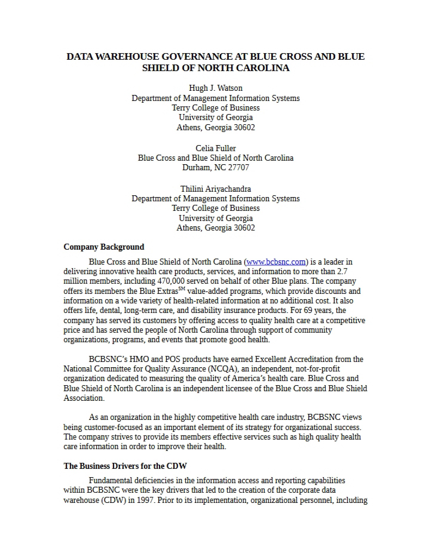 BCBS NC Data Warehouse Governance