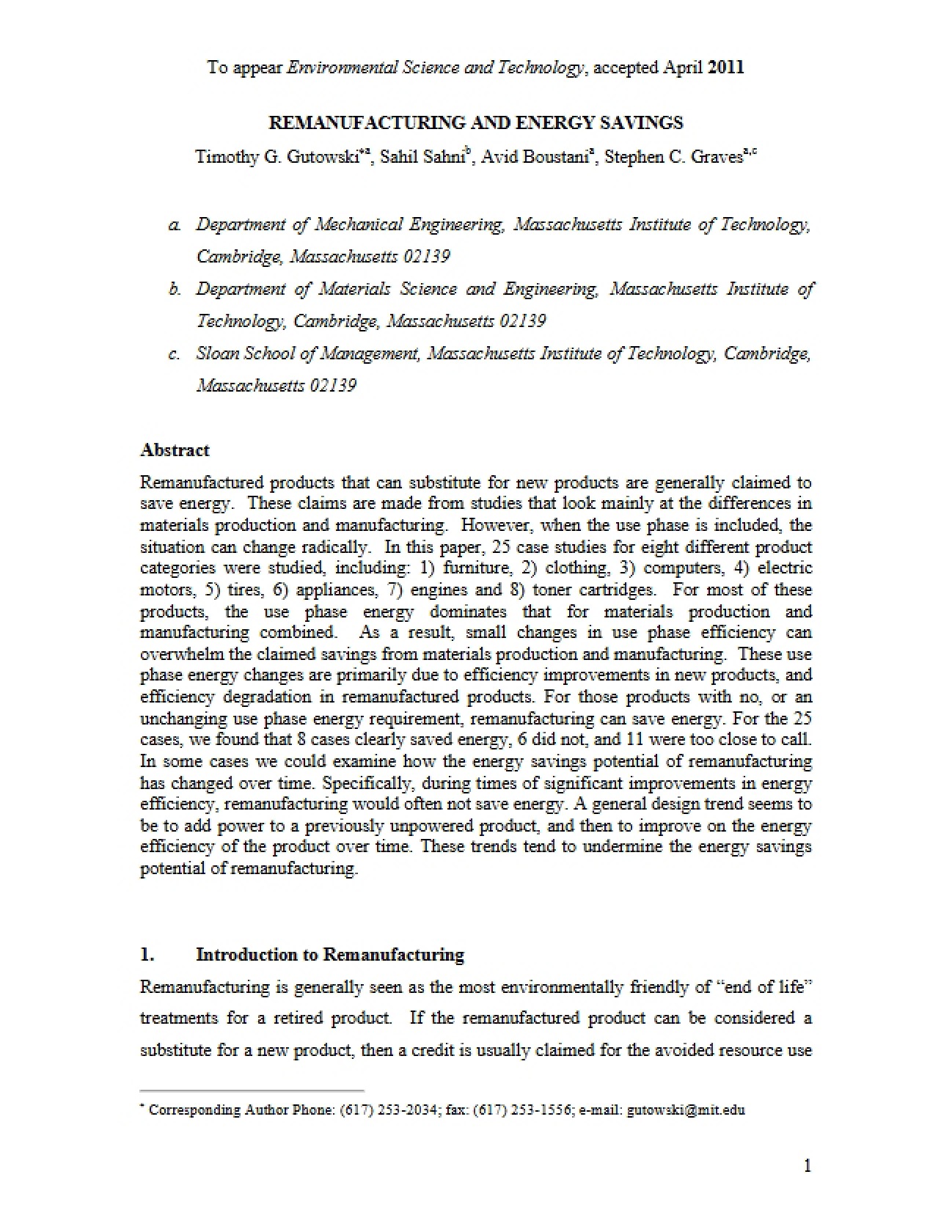 Energy Savings and Remanufacturing