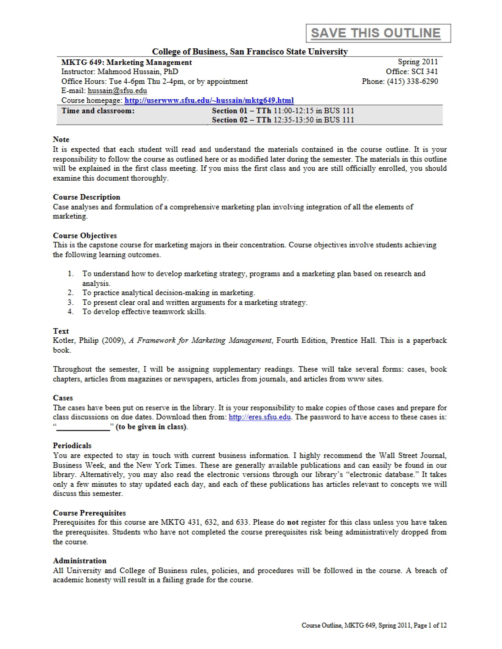 Marketing Management Course Outline