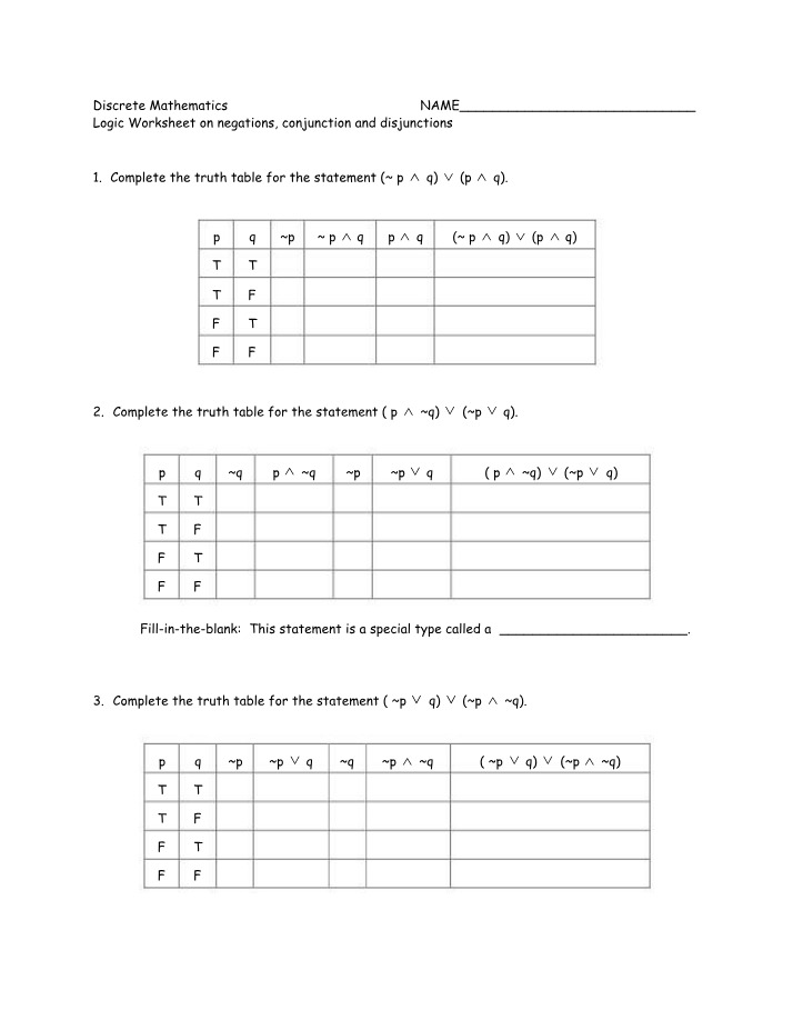 Worksheet on Logic - Conjunctions, Disjunctions, and Negations