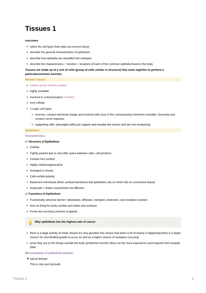 Nervous and Epithelial Tissues - Characteristics and Functions