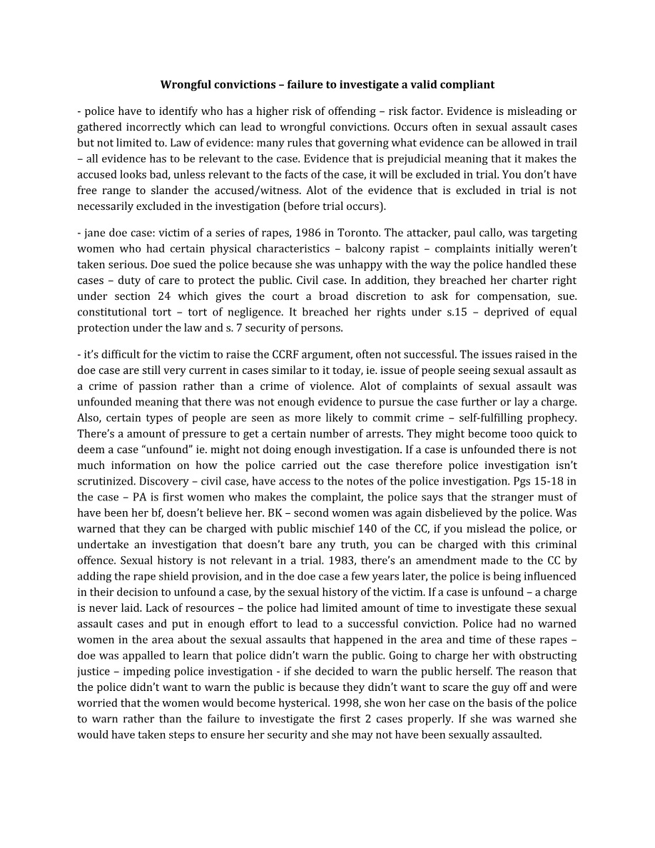 Wrongful Convictions - Failure to Investigate a Valid Complaint