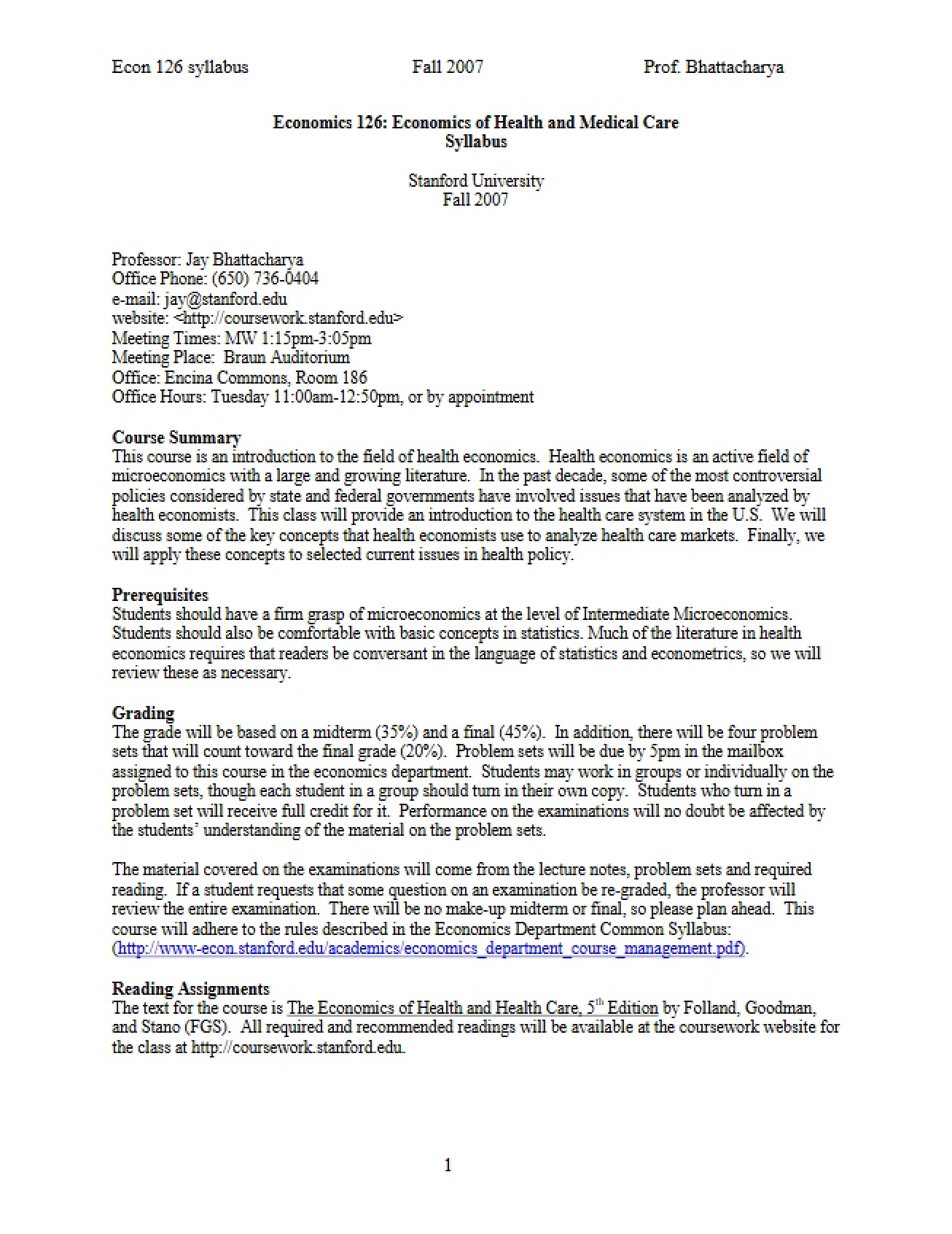 Economics of Health and Medical Care Course Syllabus