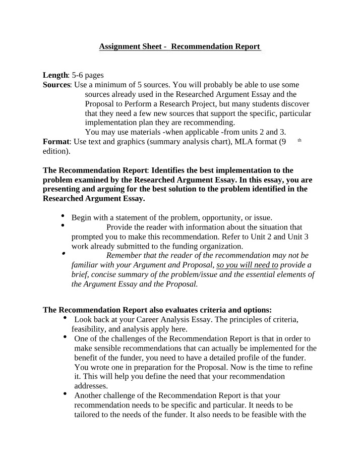 Recommendation Report Assignment Sheet