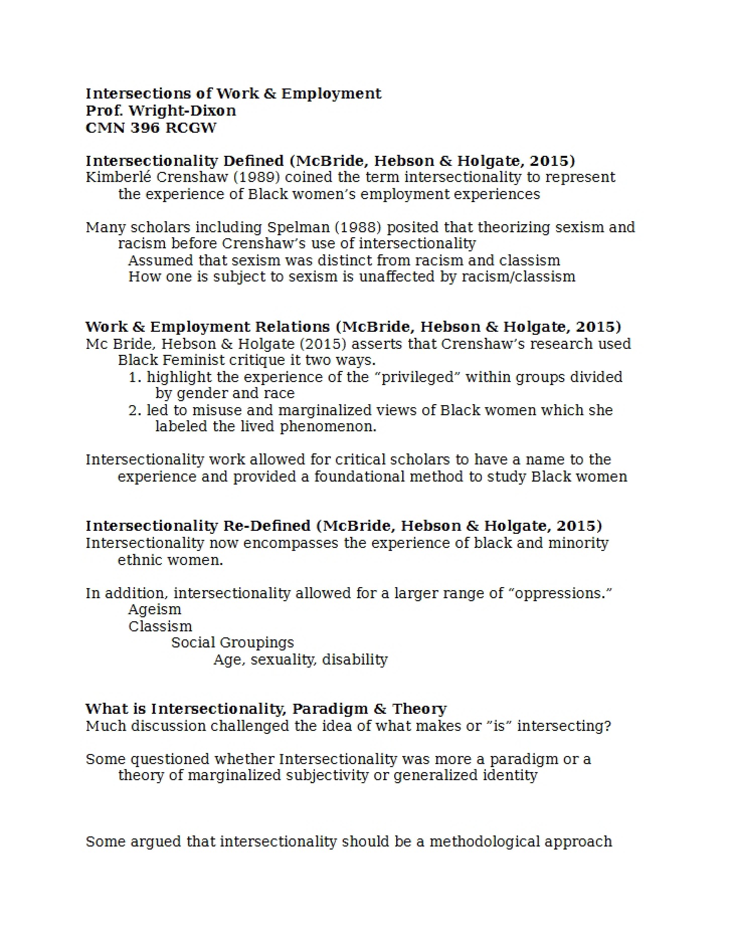 Lecture Notes on Intersections of Work