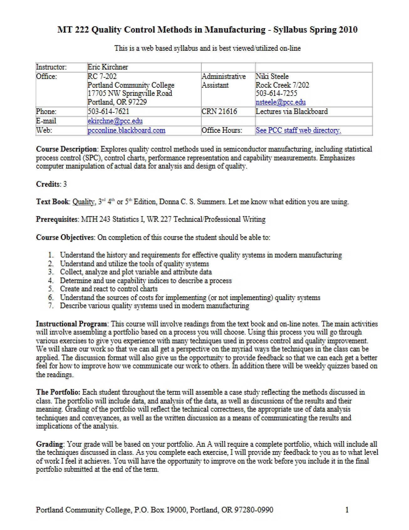Syllabus for Quality Control Methods in Manufacturing