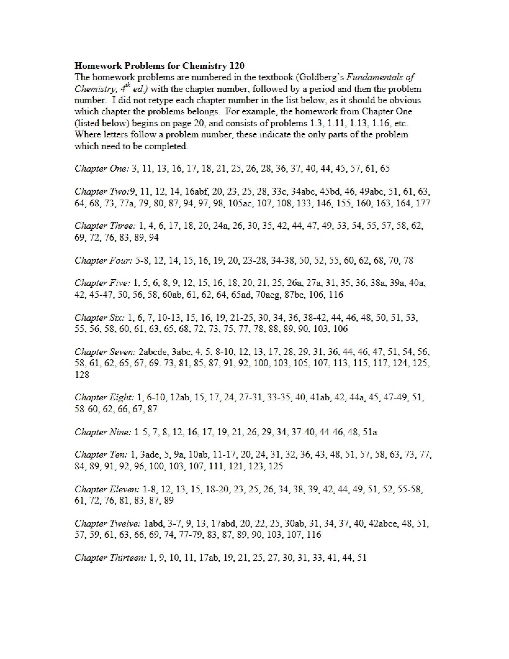 List of Homework Assignments