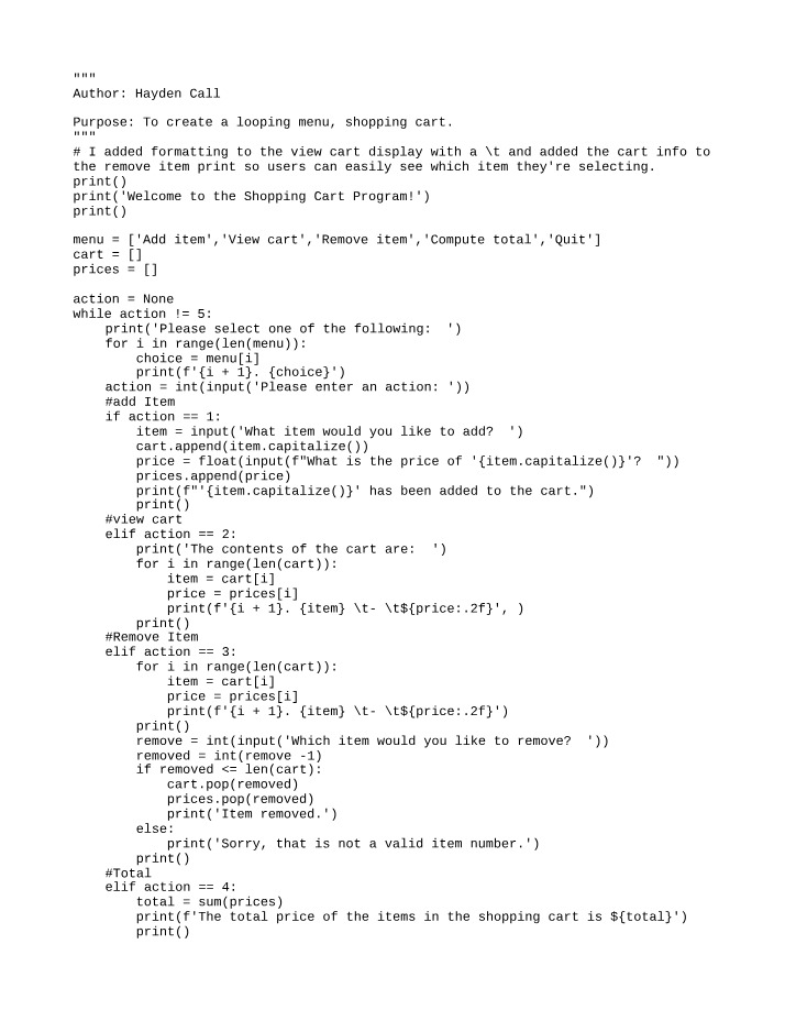 Creating a Looping Menu and Python Shopping Cart