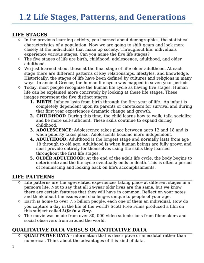 Life Stages, Patterns, and Generations