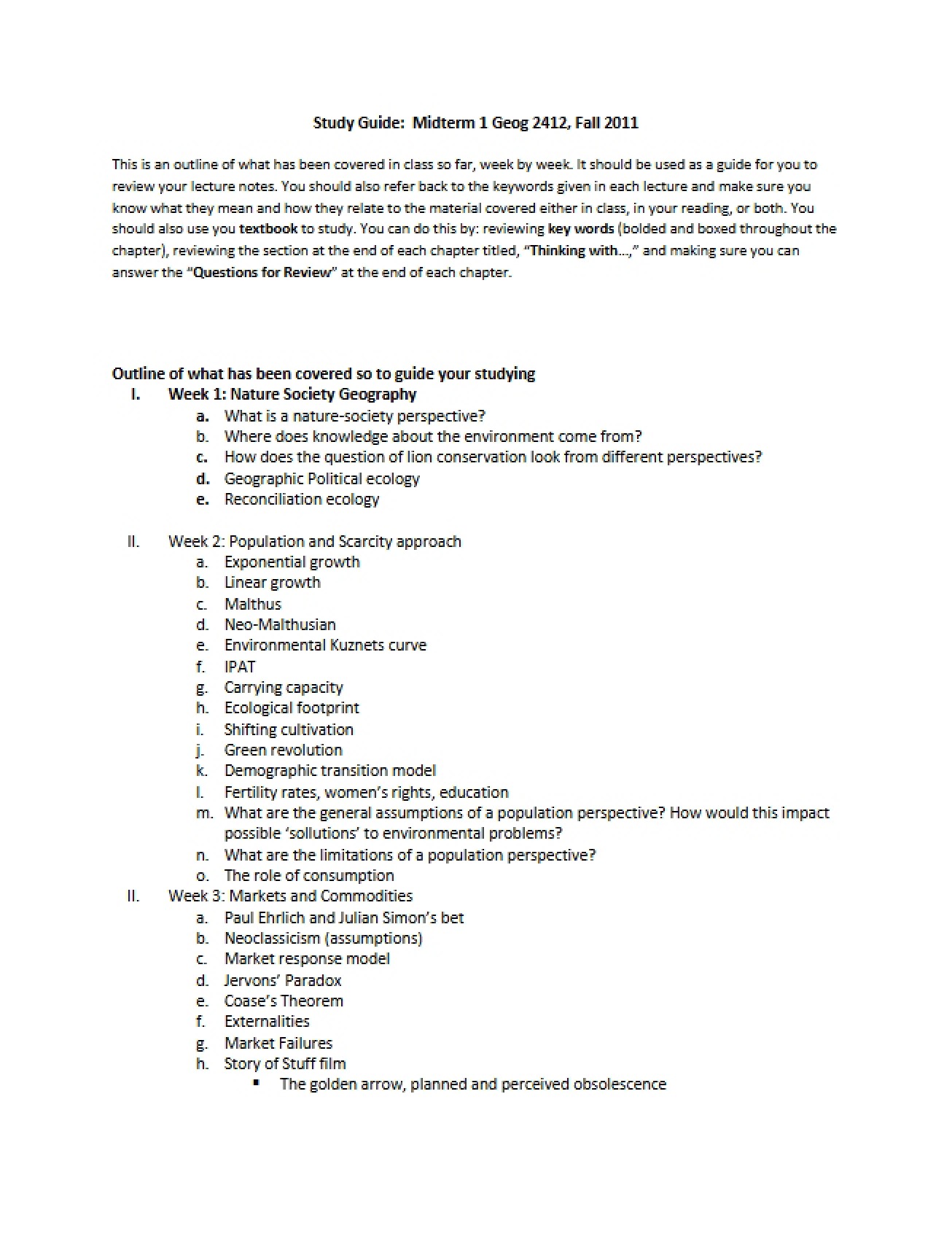 Study Guide for Midterm One (First Instance)