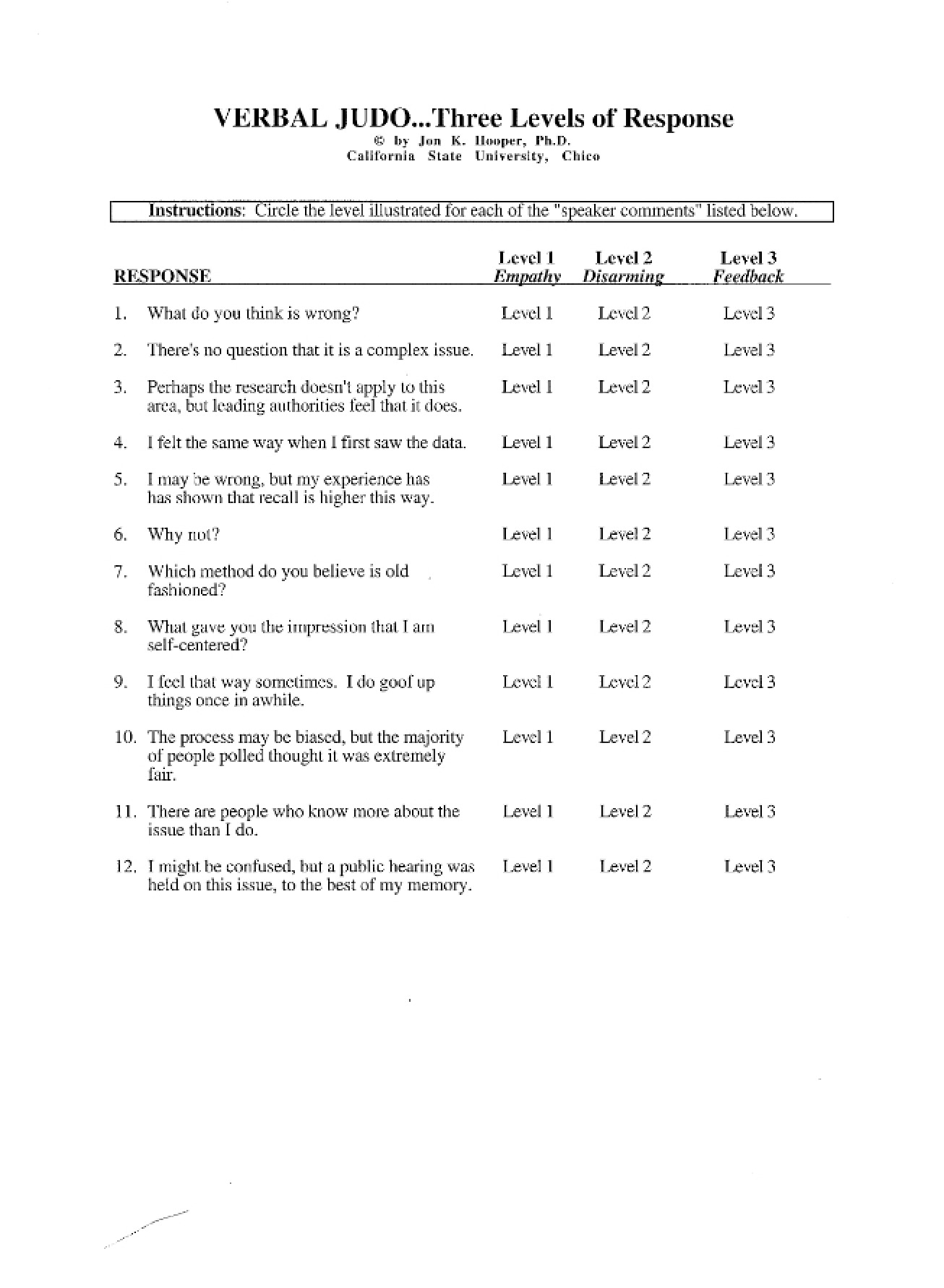 Worksheets for Verbal Judo
