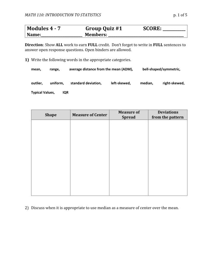 Group Quiz 1 for MATH 110 Statistics