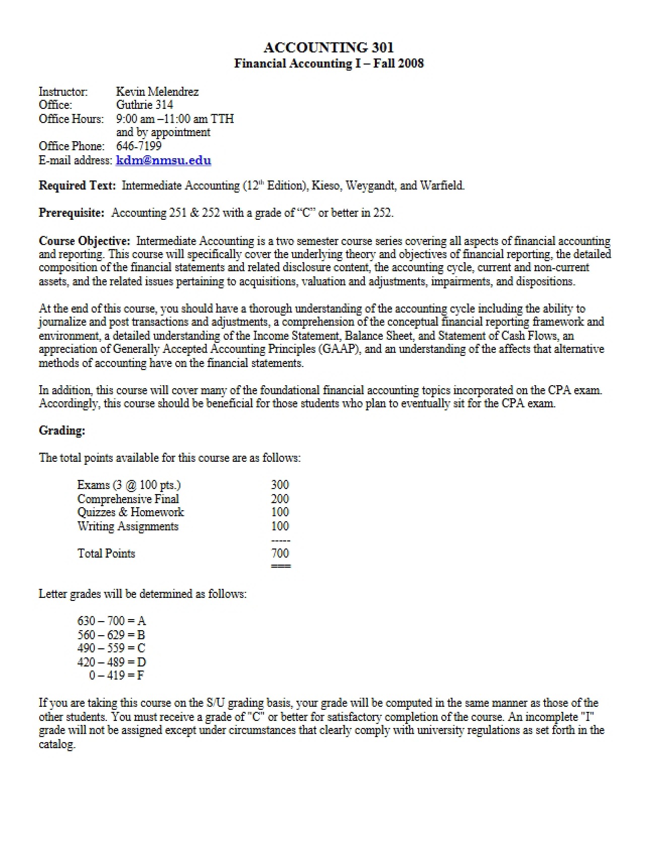 Financial Accounting I Syllabus from Fall 2008 by Kevin Melendrez