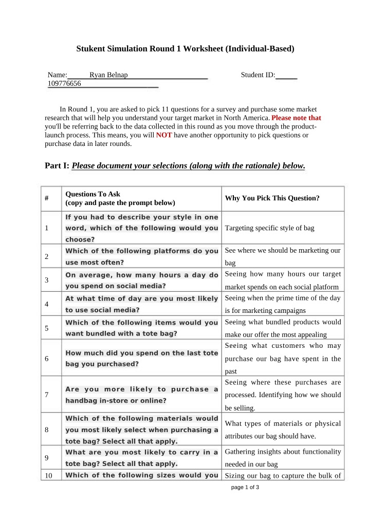 Stukent Simulation - Worksheet for Round 1