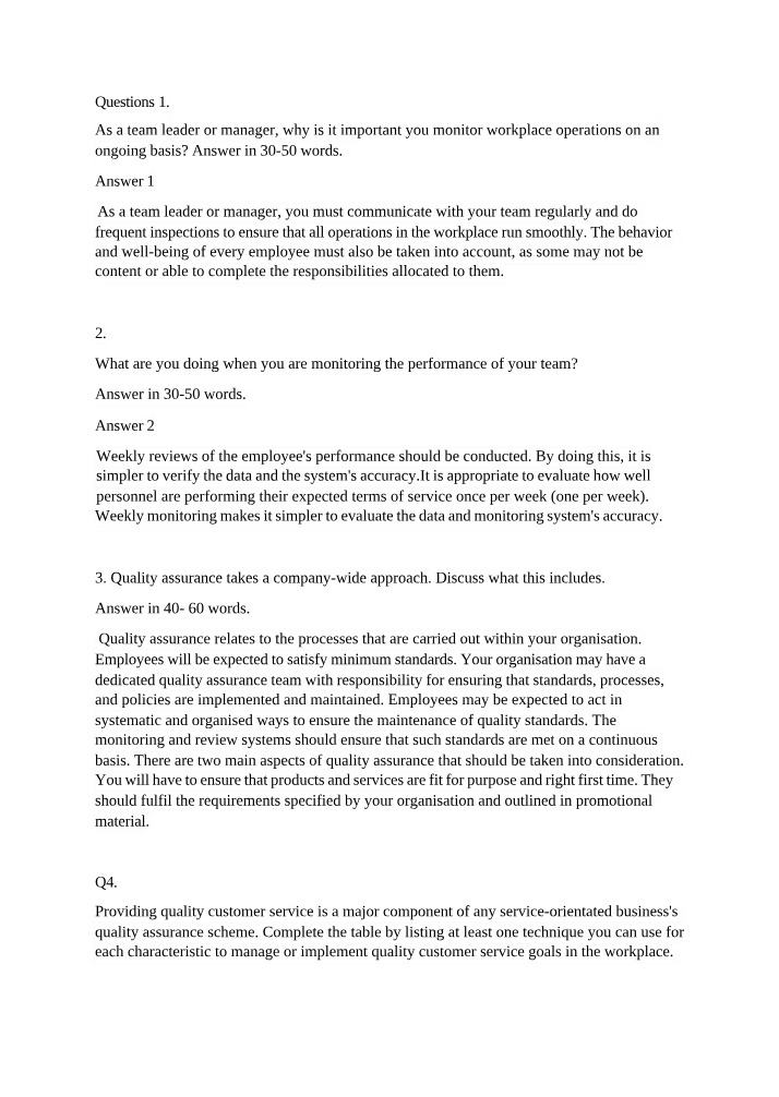 Written Questions for Manage Work Operations