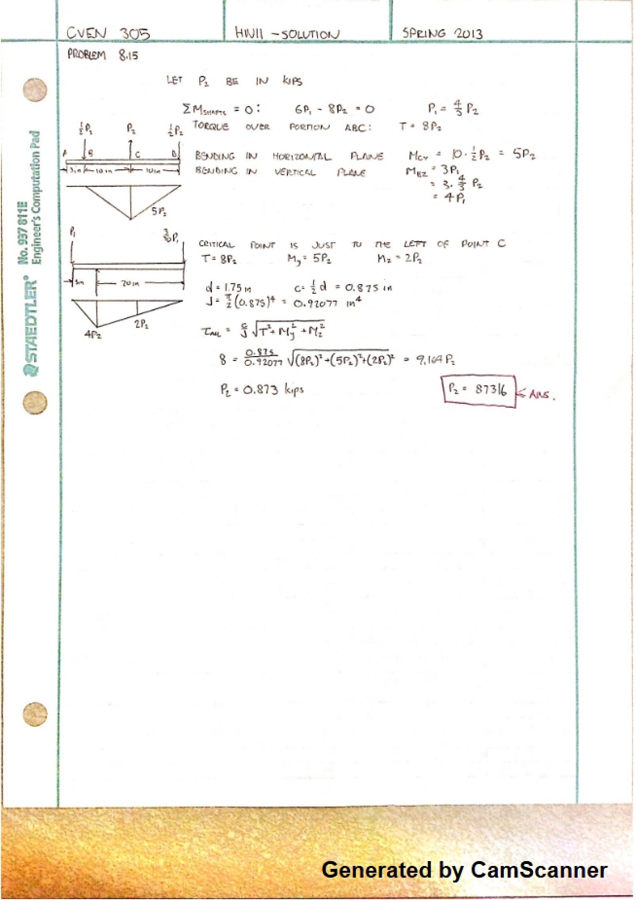 Solution to the Eleventh Homework from Spring 2013