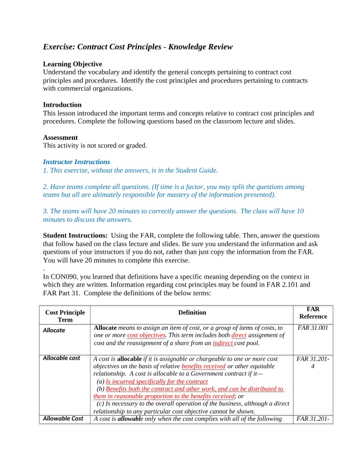 Cost Principles Knowledge Review - CON170 Unit 1 Lesson 3