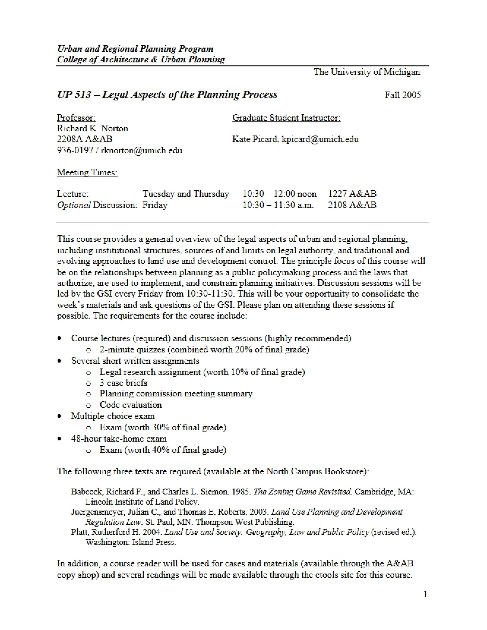 Legal Aspects of Planning Syllabus
