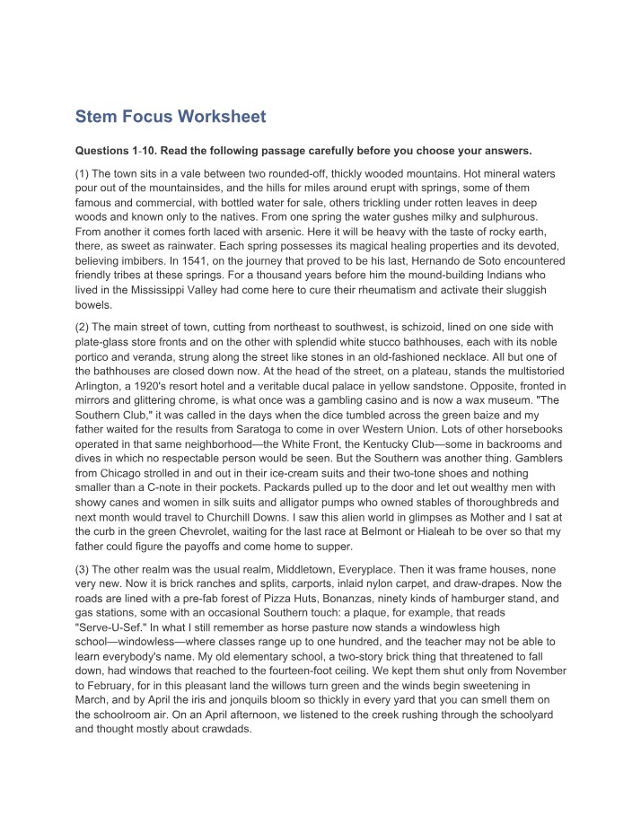 Worksheet for Stem Focus