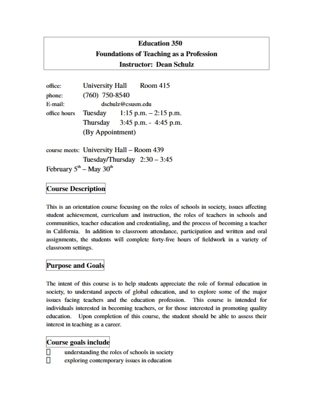Course Outline for Foundations of Teaching
