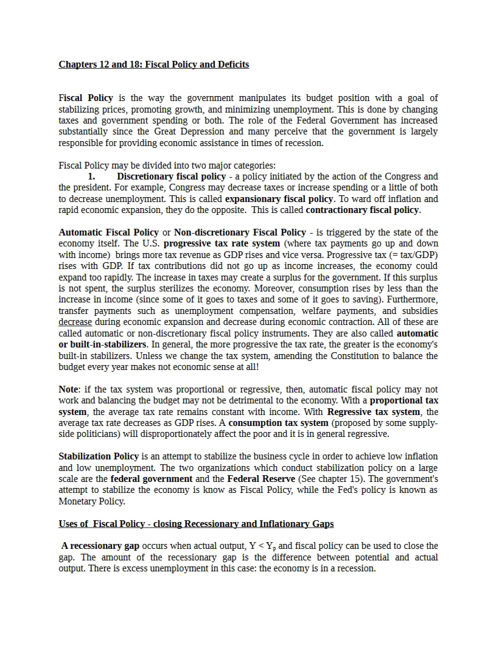 Chapters 12 and 18- Fiscal Policy and Deficits
