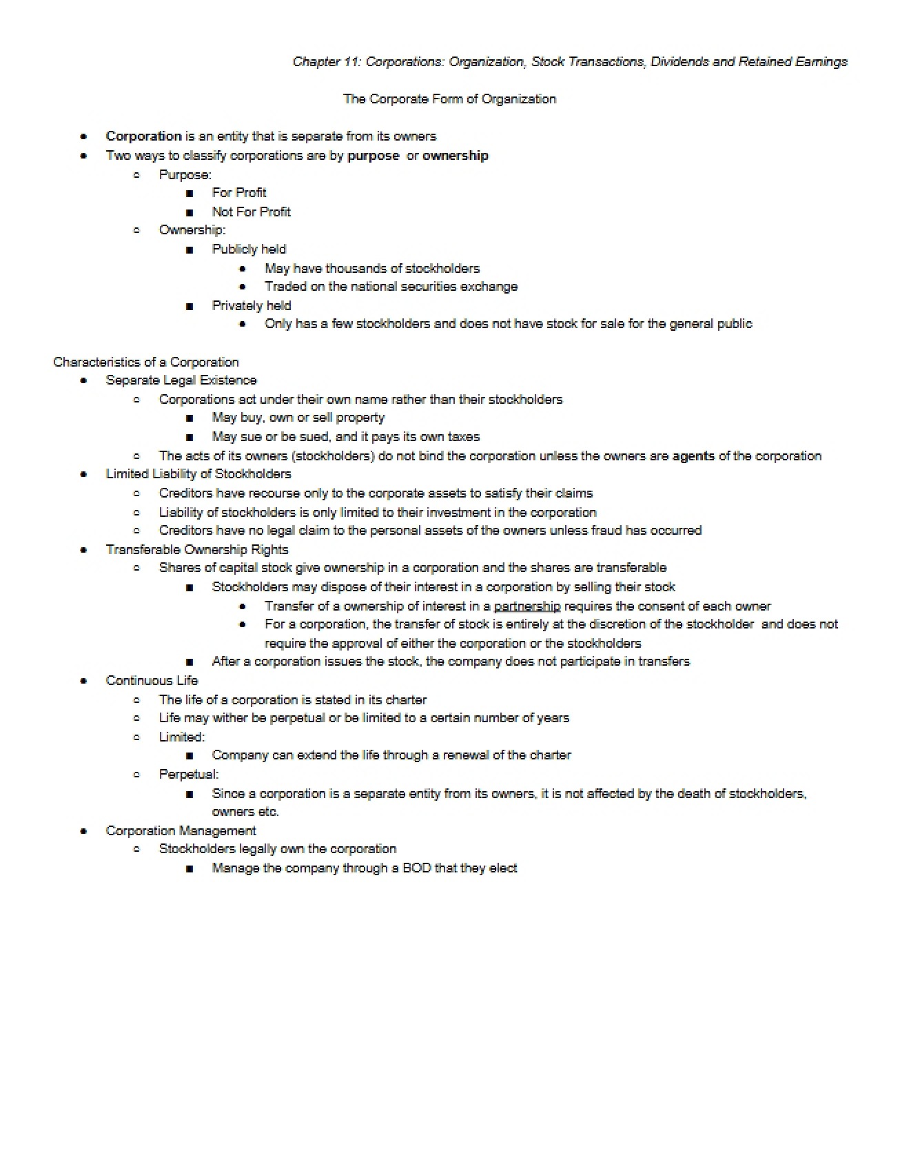 Corporations Stock, Earnings, and Dividends (Ch 11)