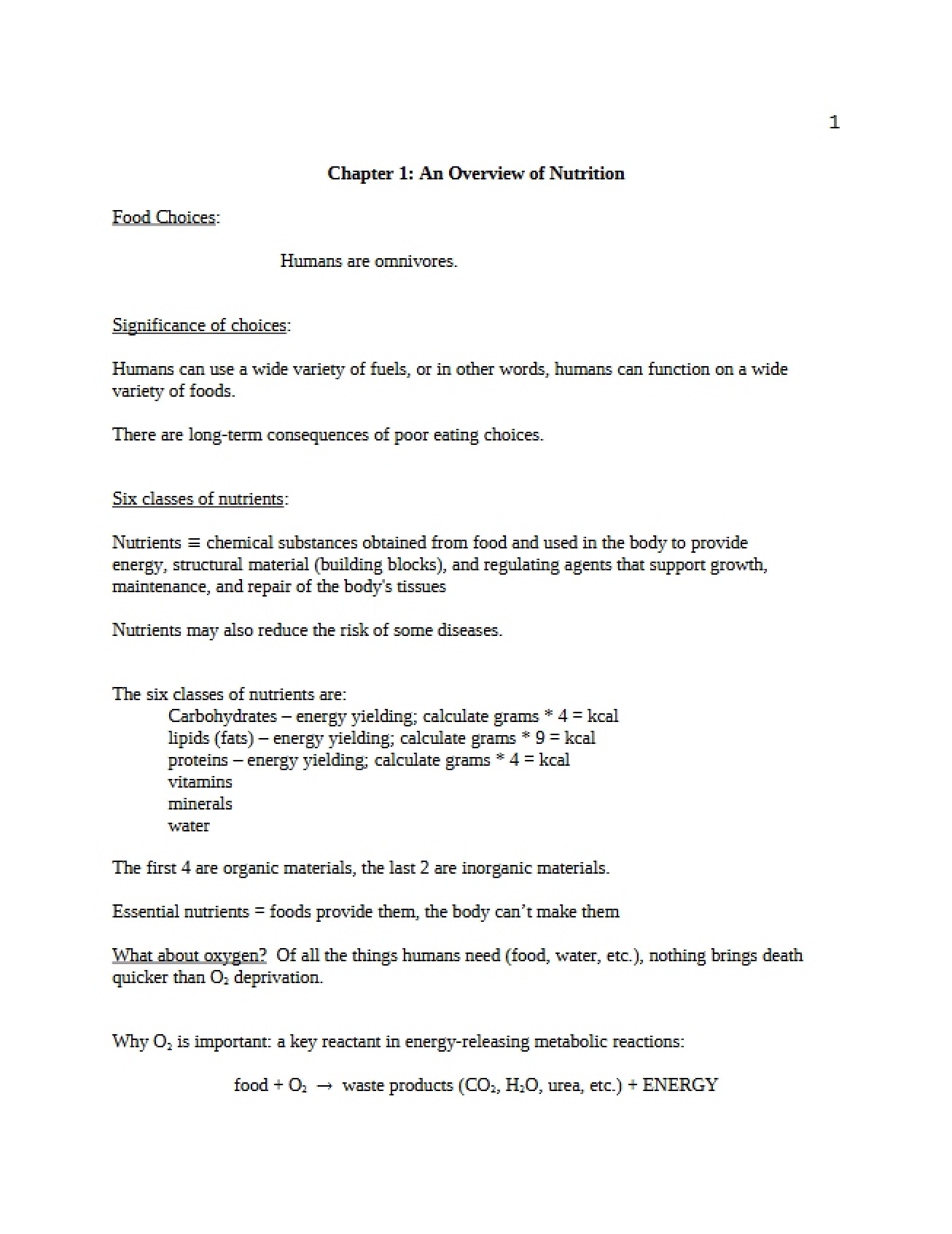 Nutrition Overview (Chapter One)