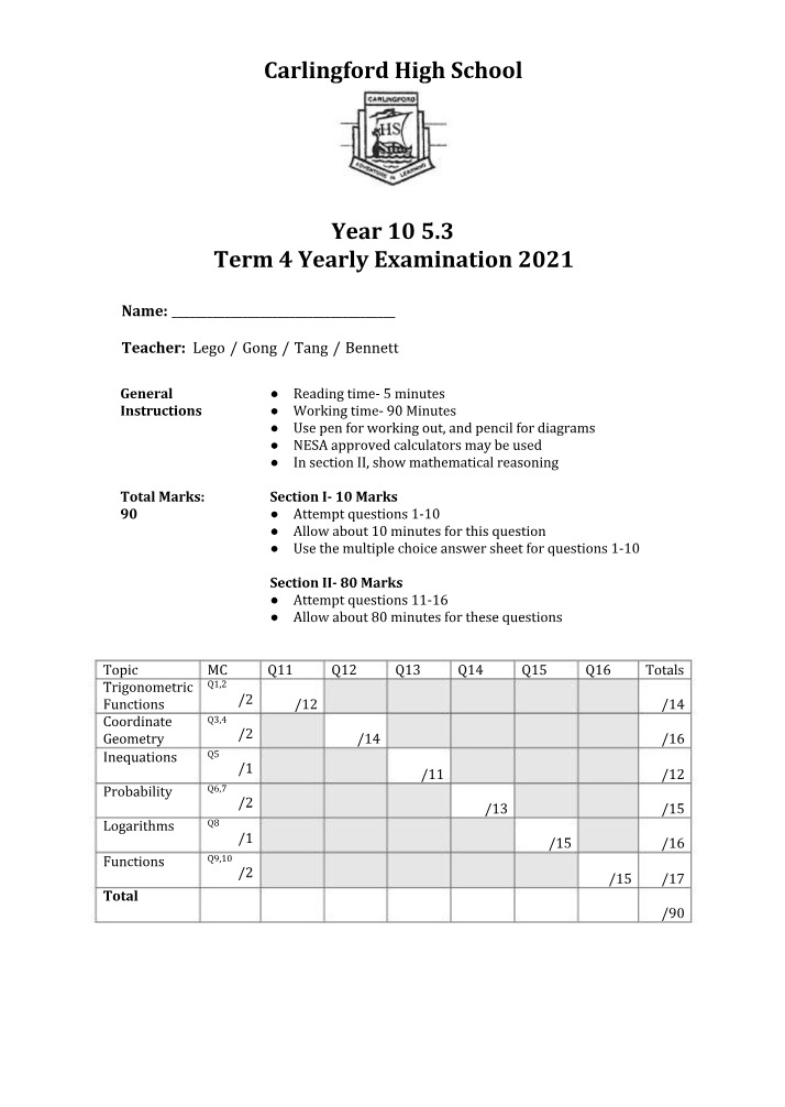 Year 10 Yearly Examination 2021 - Trigonometry and Functions