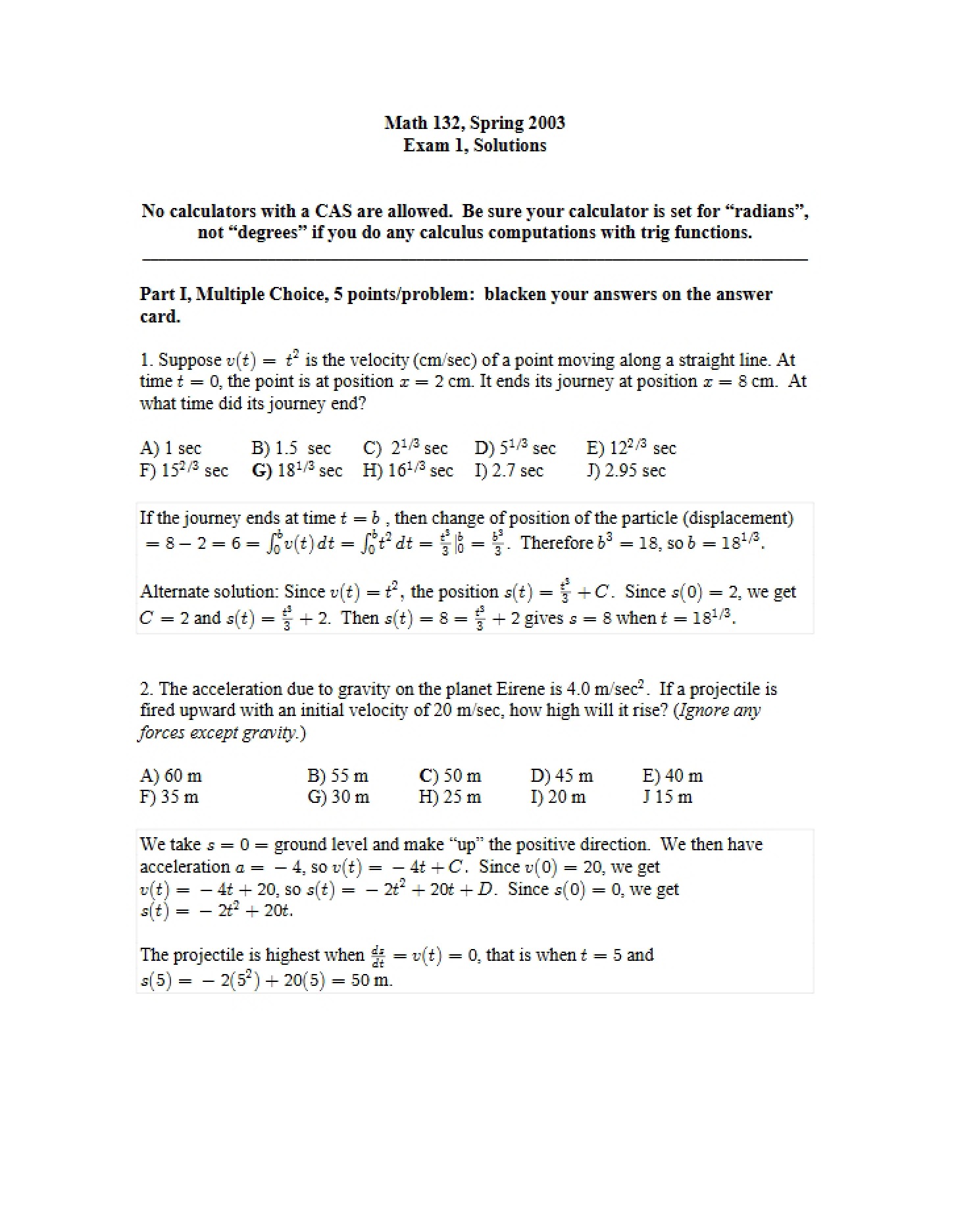 Solutions for Exam One - Math 132 Spring 2003