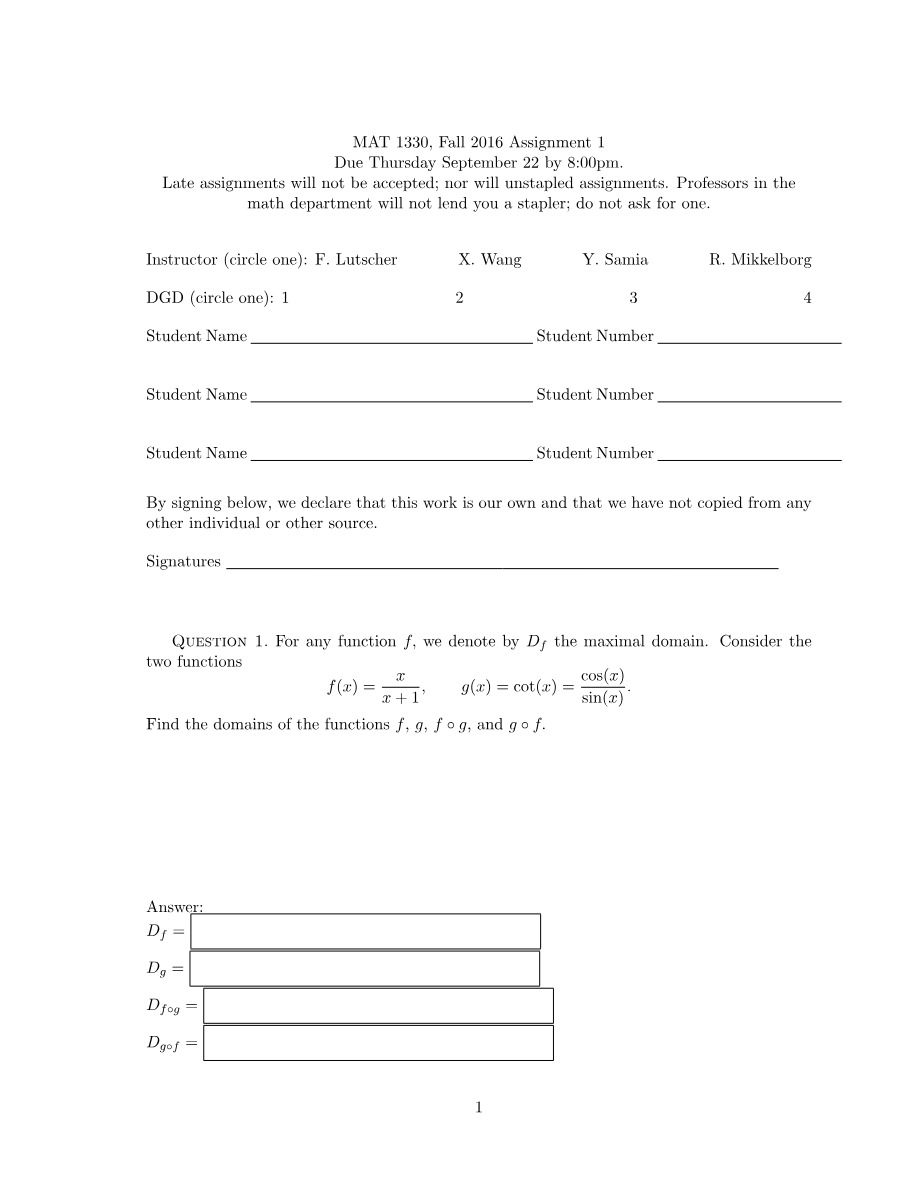 Assignment 1 - MAT 1330 Fall 2016