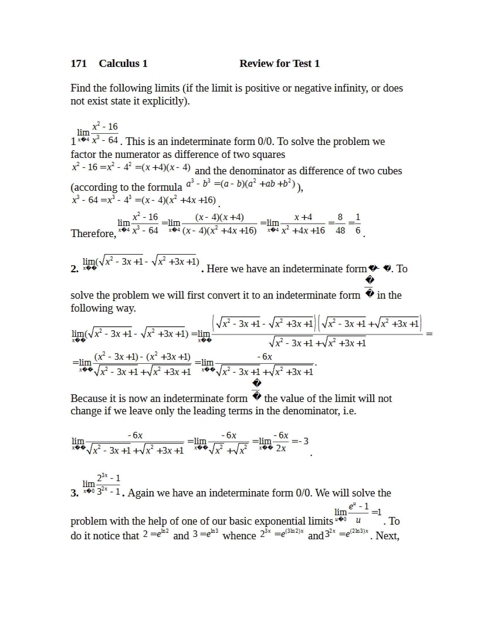 Test 1 Review for Math 171