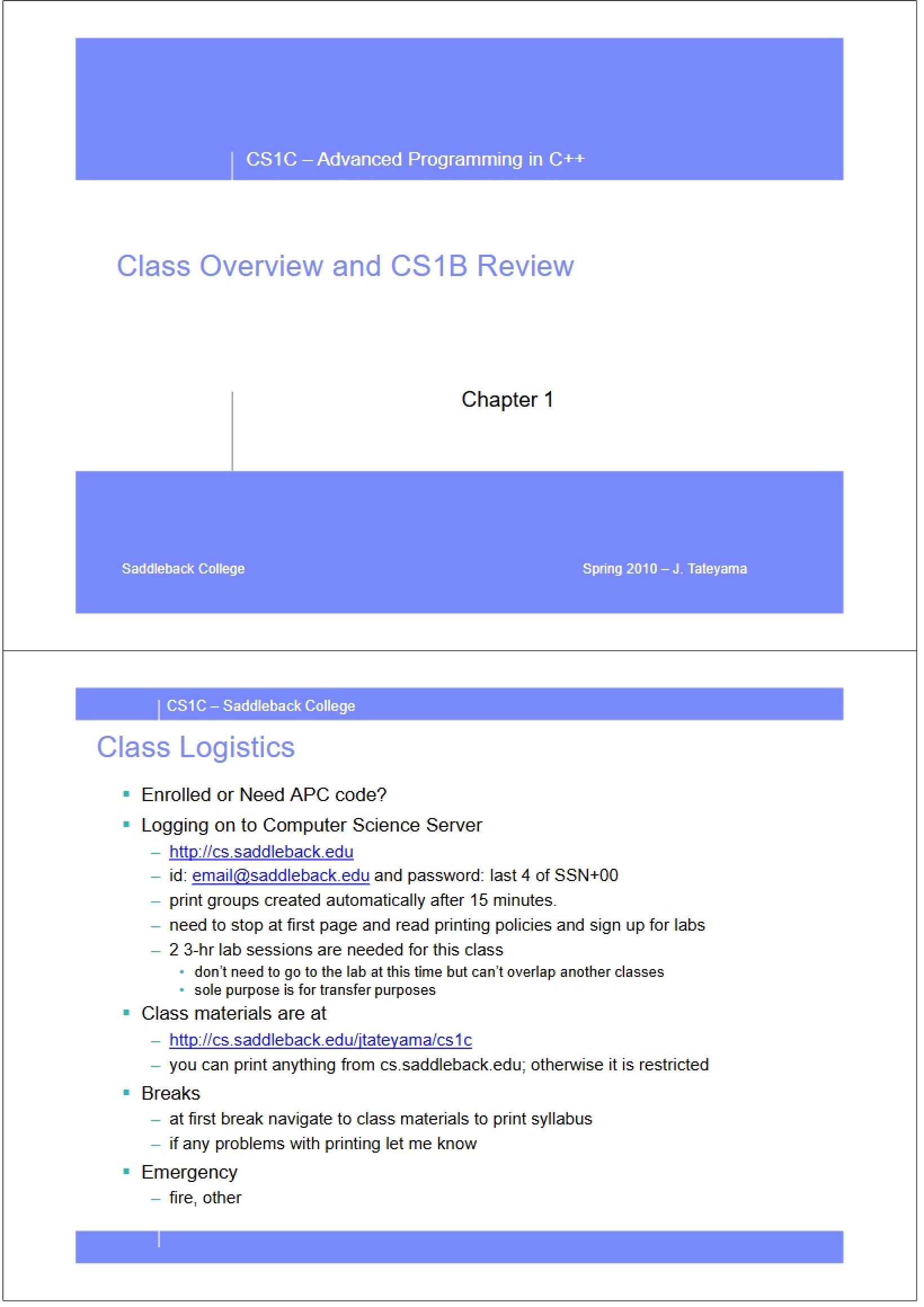 CS1B Review and Class Overview