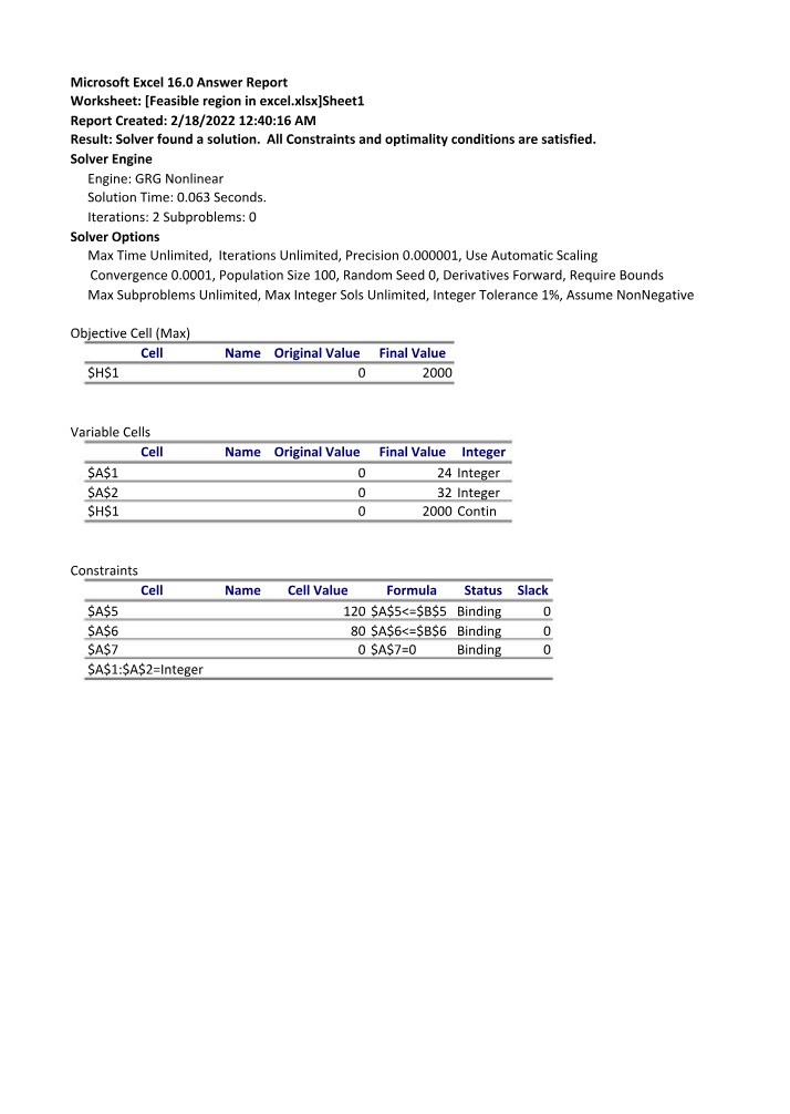 Answer Report for Excel 16.0