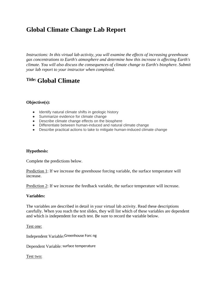 Lab Report for Global Climate Change