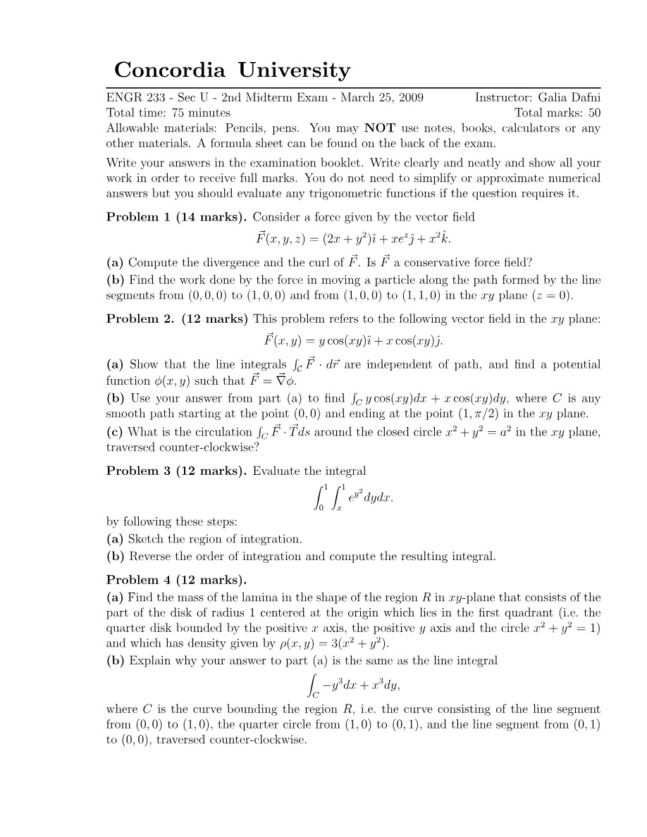 2nd Midterm Exam - ENGR 233 (March 25, 2009)