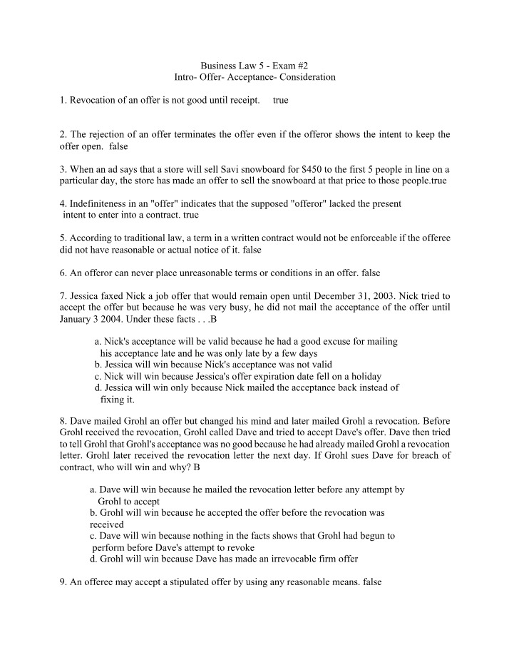 Summer Exam 2 - Intro to Offer, Acceptance, and Consideration