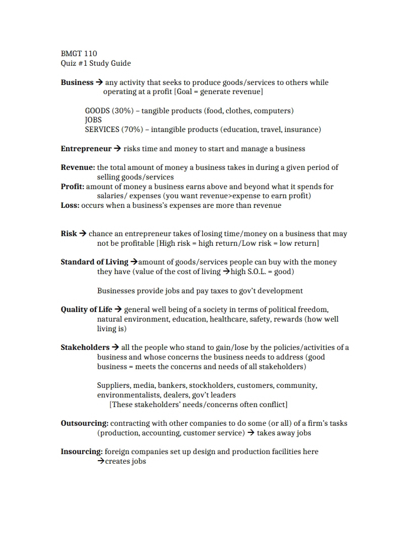 Study Guide for Quiz 1