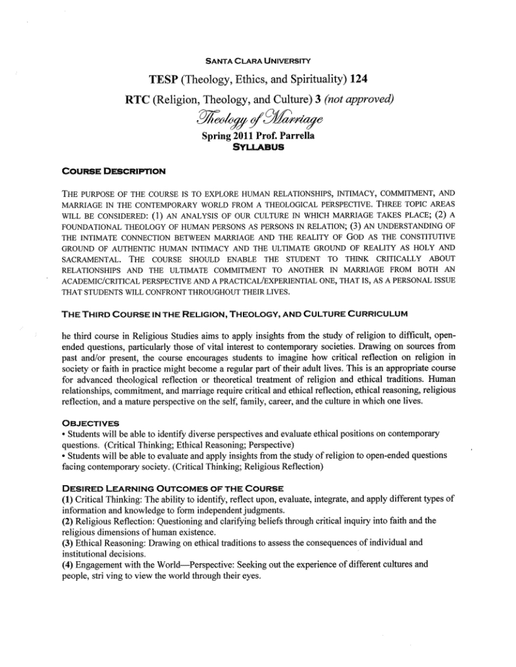 Syllabus for Theology of Marriage