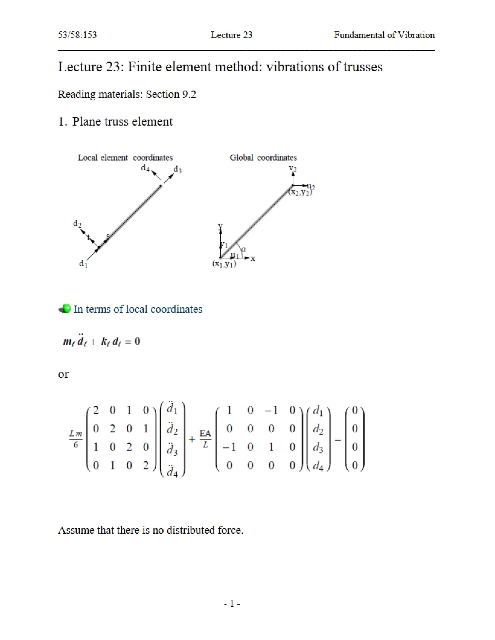 Truss Vibrations Finite Element Method (Lecture 23)