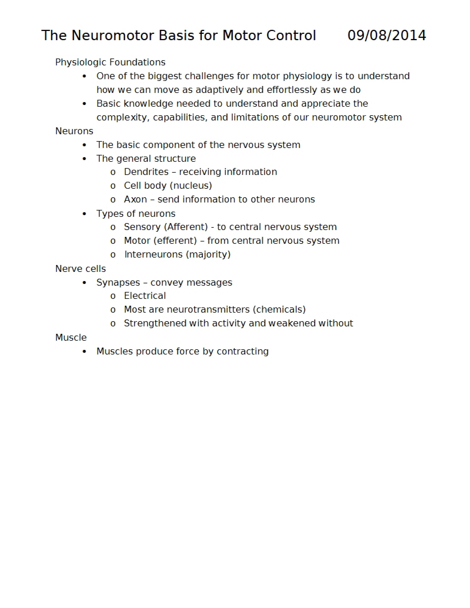 Motor Control Neuromotor Basis