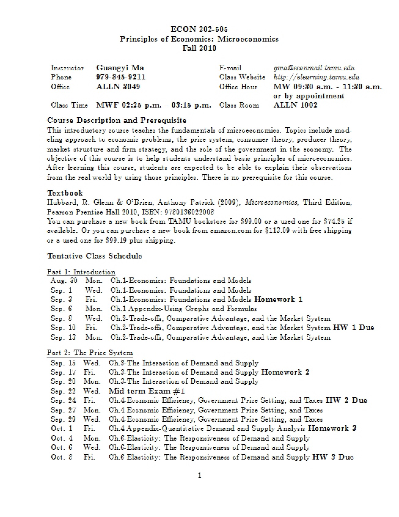 Syllabus for Principles of Economics from Fall 2010
