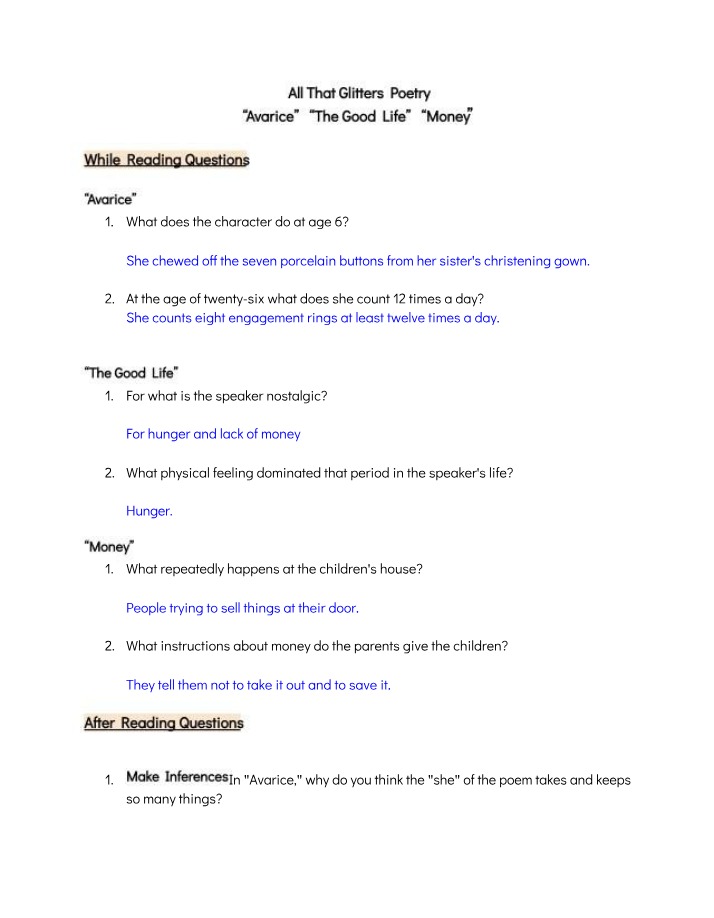 Poetry Analysis of Avarice, The Good Life, and Money